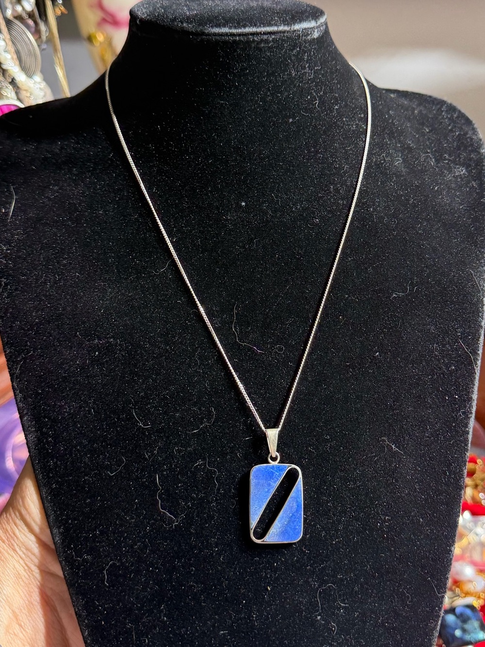 Vintage PLATA 920 Sterling Silver Rectangular Lapis Pendant Necklace